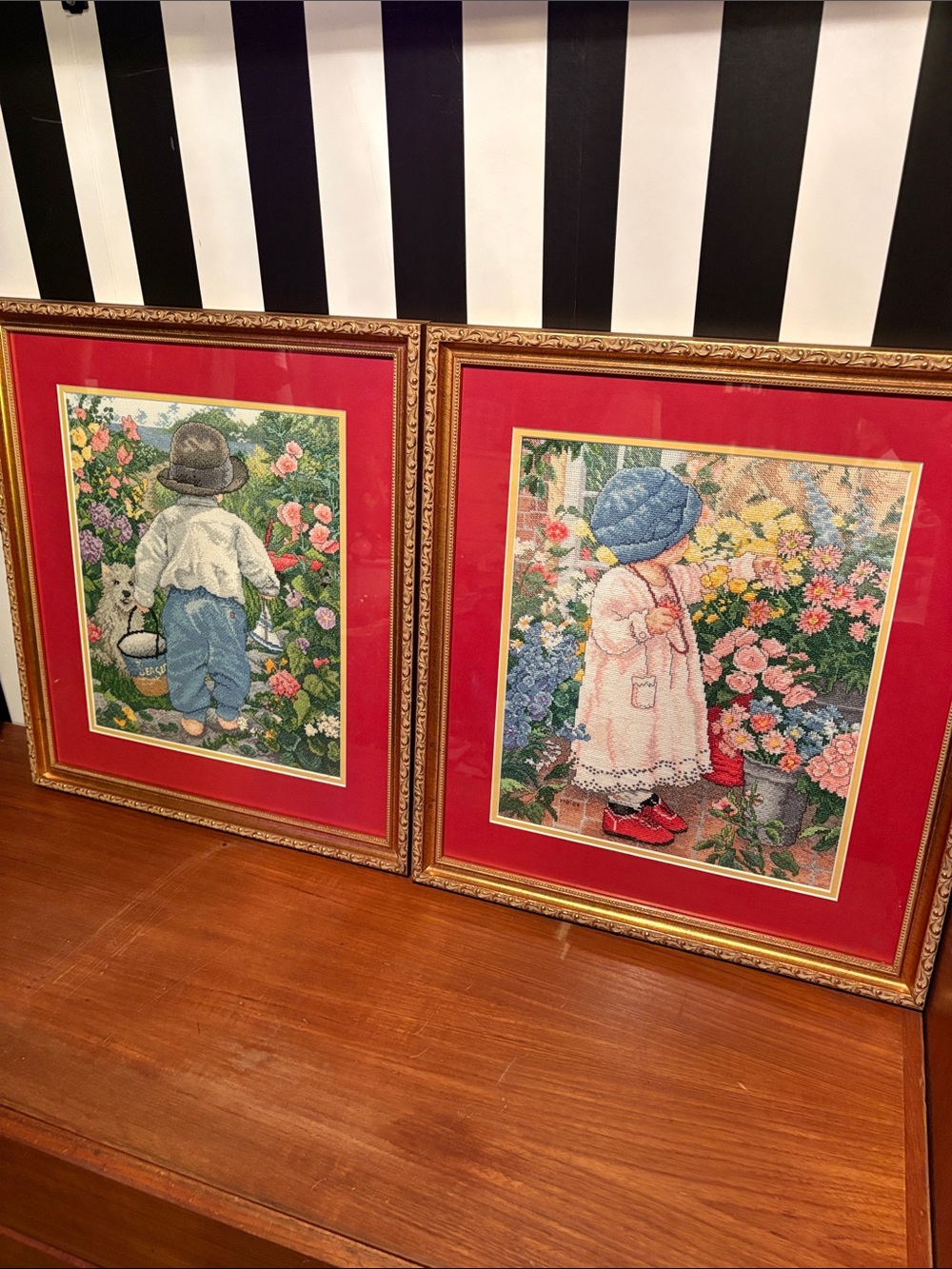 Set of Two Framed Vintage 80s Children Cross-Stitch Prints Garden Coastal Floral